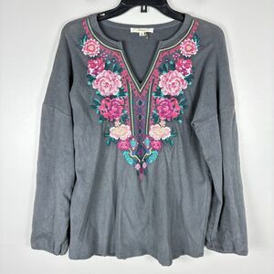 ANDRE Unit Tunic Top Floral Embroidery Gray S Boho Hippie Cotton Fleece